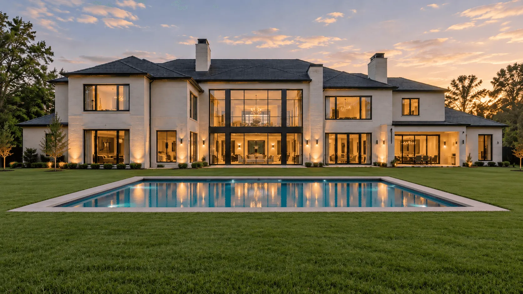 Before: a large home with a bare lawn and a plain rectangular pool