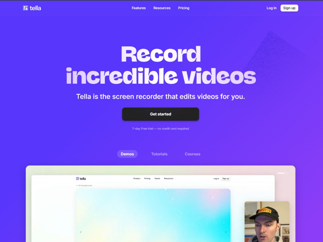Tella website hero section with some demo videos