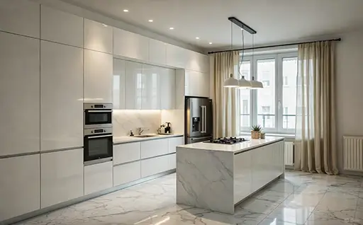 Σύγχρονη κουζίνα μετά από ανακαίνιση με μαρμάρινη νησίδα και minimal λευκό σχεδιασμό