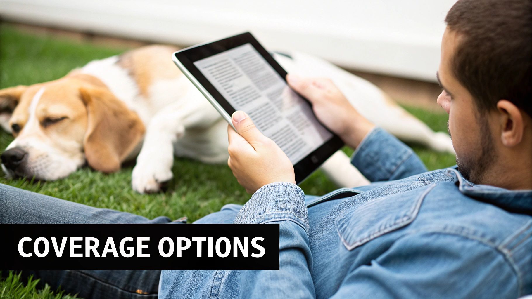A man lies on green grass reading a tablet with a sleeping beagle dog nearby.