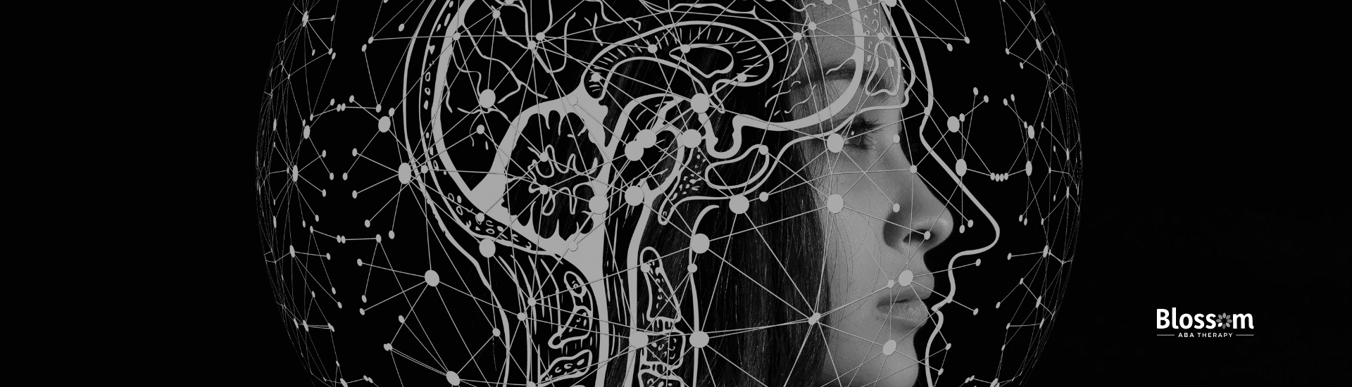 A side profile of a person's head featuring a white anatomical brain diagram and glowing neural network connections on a black background, framed by the Blossom ABA Therapy logo.