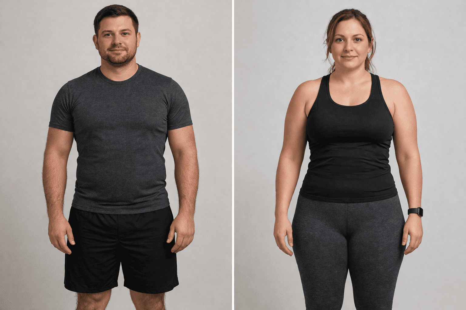 A split-screen image showing a man in athletic wear on the left and a woman in workout attire on the right, both standing against a neutral grey background.