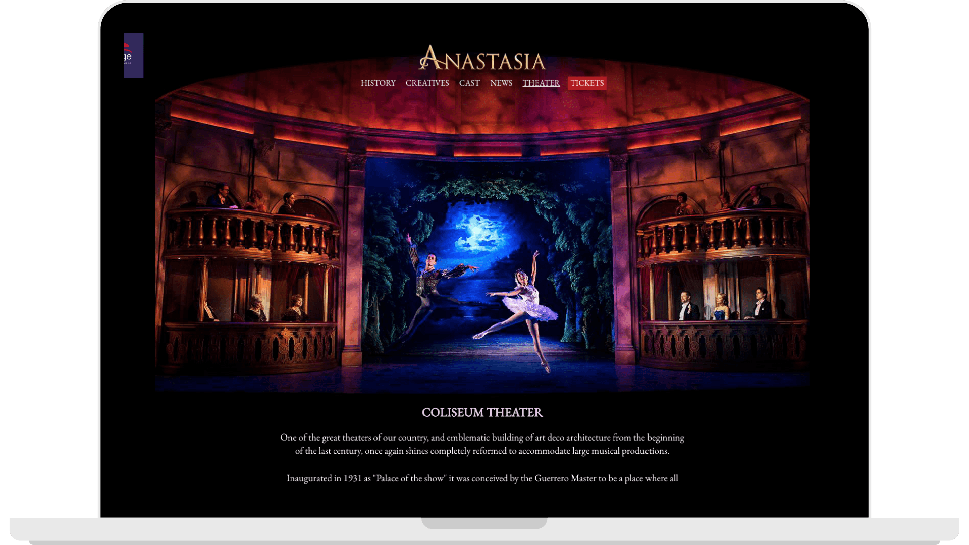 National theatre website showing Anastasia performance