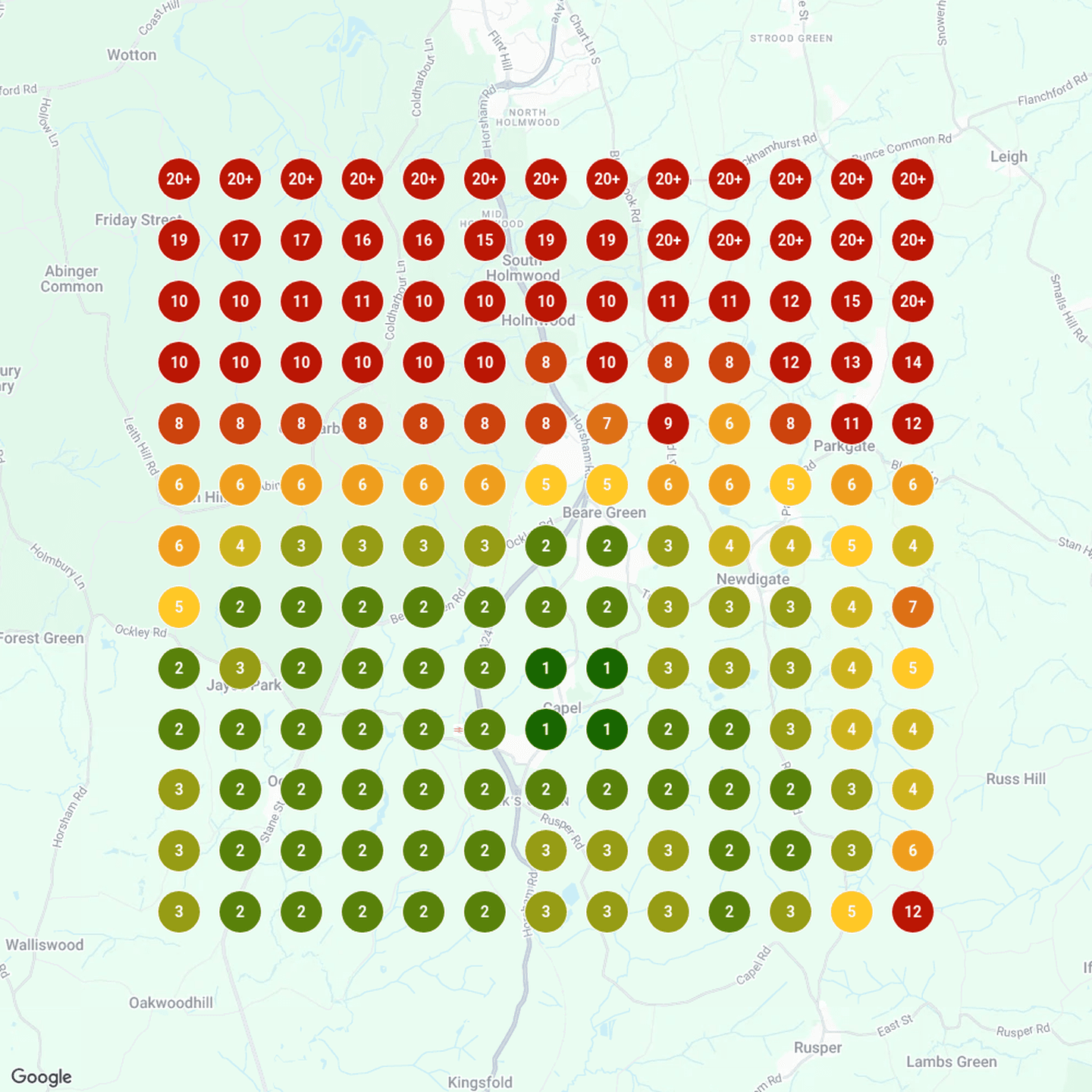 Map scan for plumber around Dorking, Surrey on 24 September 2026, with Clearline Group 3rd of 89 businesses and showing up at 150 of the 169 points on the map