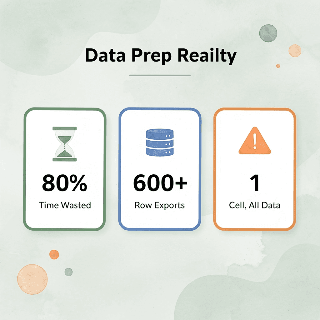 Infographic showing key data preparation statistics including 80% time spent and 600-row exports