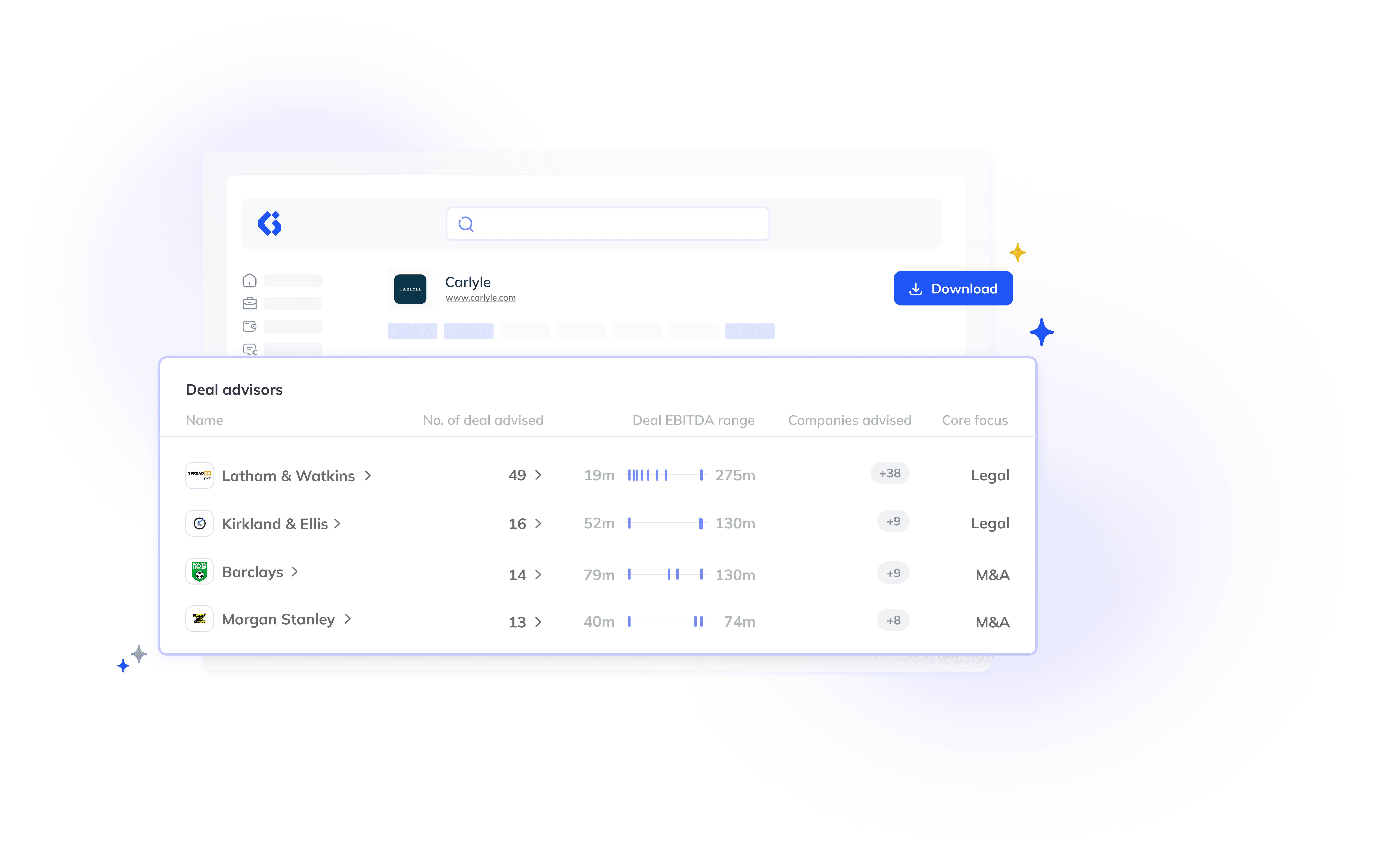 Dashboard interface displaying deal advisors, number of deals advised, deal EBITDA range, companies advised, and core focus for firms like Latham & Watkins, Kirkland & Ellis, Barclays, and Morgan Stanley, with a download button and data visualization for financial and legal advisory analytics.