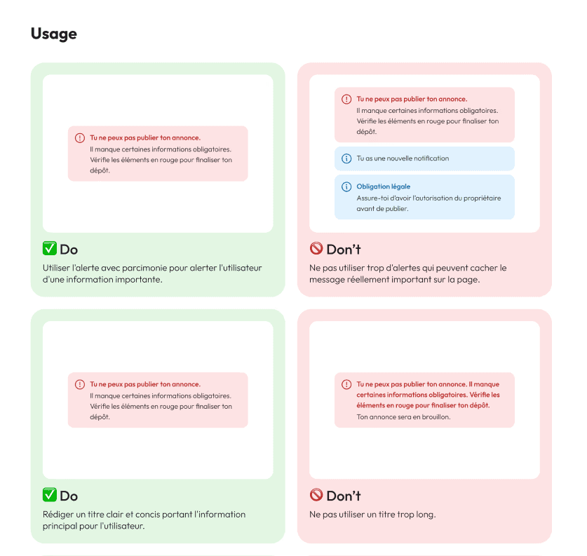 Les conditions d'utilisation d'un composant de message d'erreur ou de validation, montrant dans quel cas d'usage il peut être utilisé et modifié.