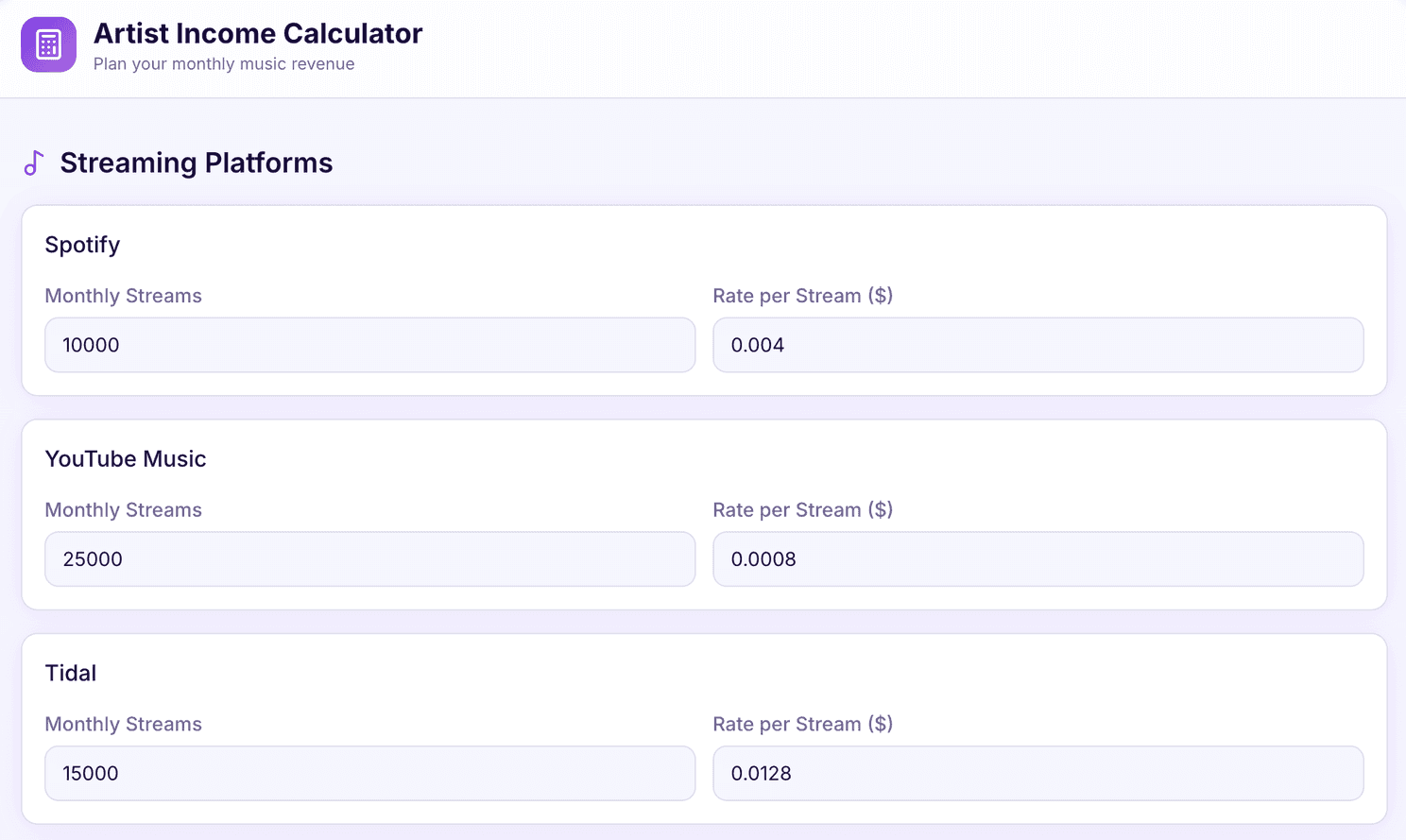 artist income calculator prototype using replit