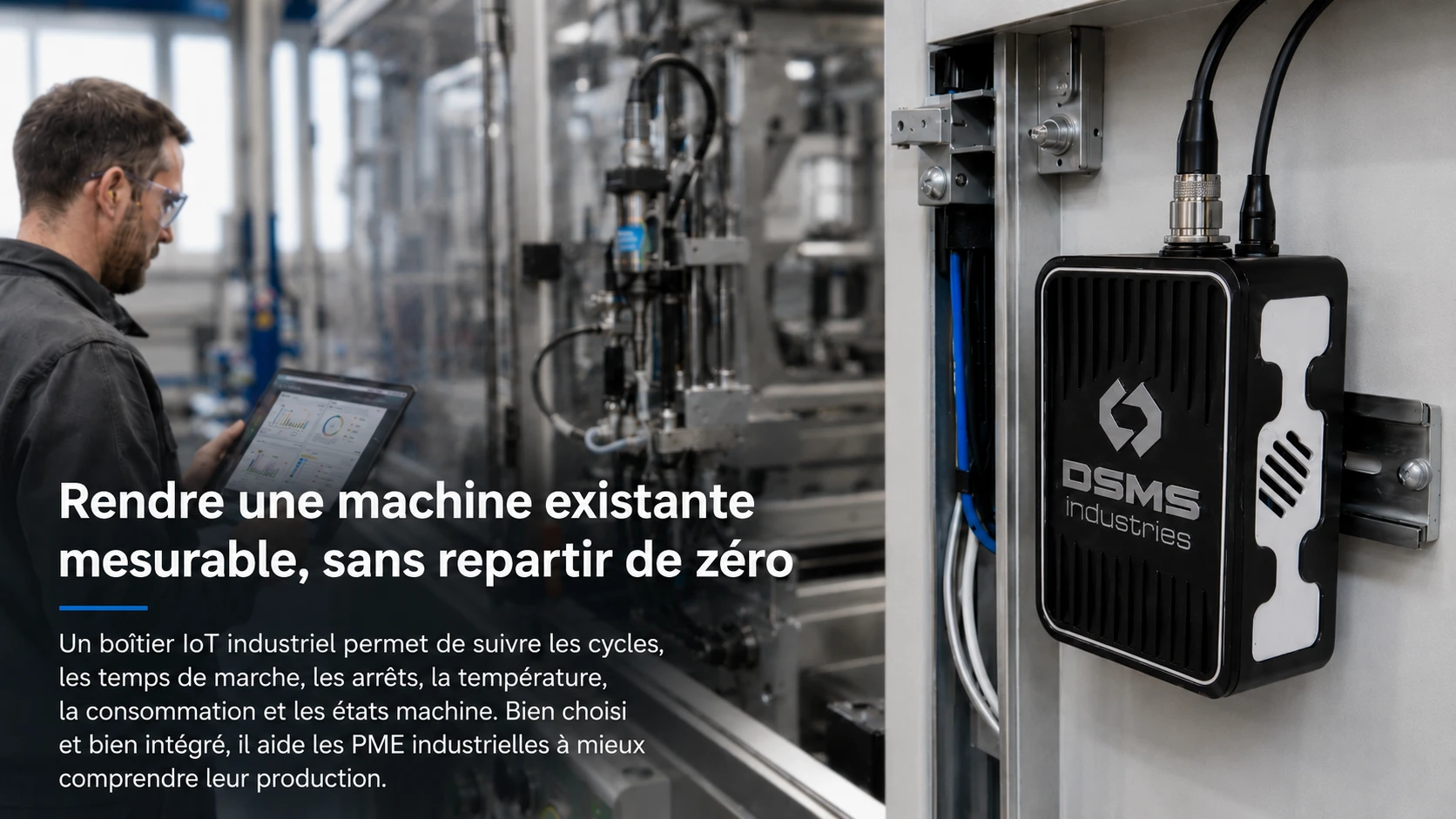 Boîtier IoT industriel installé sur une machine pour suivre les cycles, temps de marche et conditions d’usage.