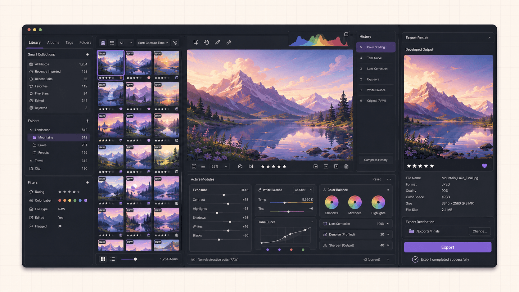 Darktable RAW workflow with an organized photo library, selected image editing modules, non-destructive history, and finished image export.