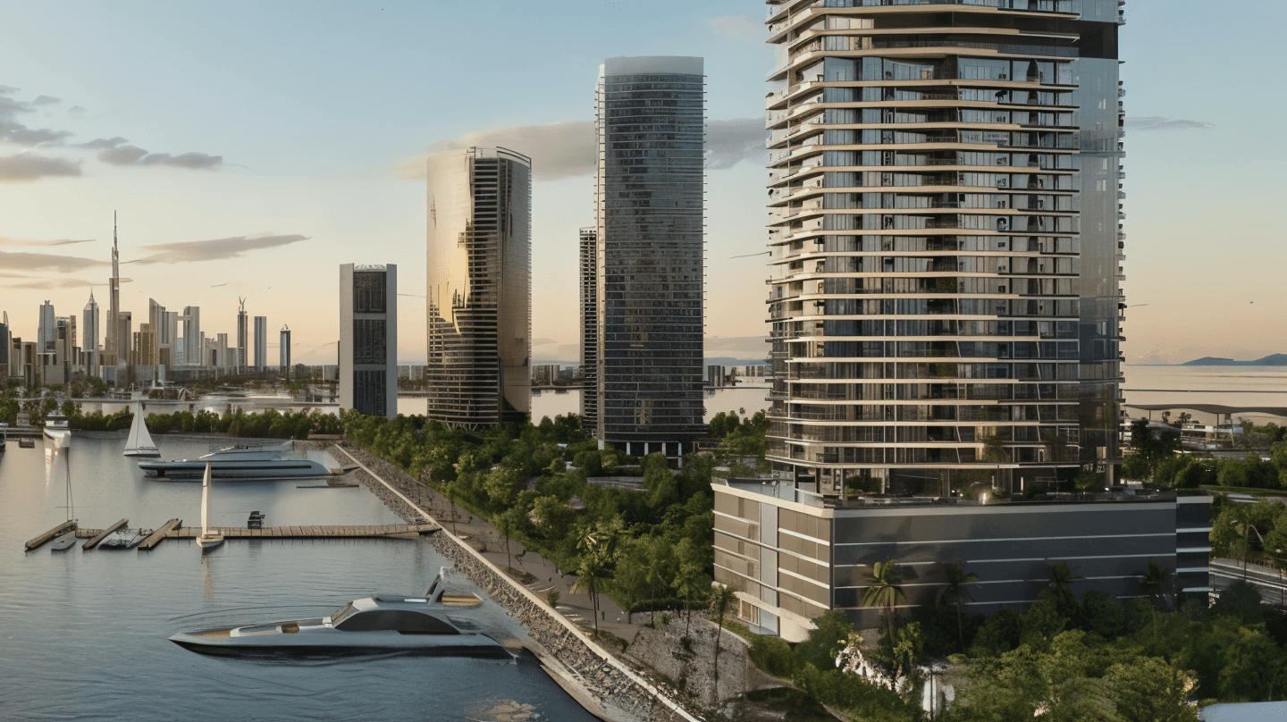 Artistic depiction of the Kora building, featuring its sleek design and modern architectural details.