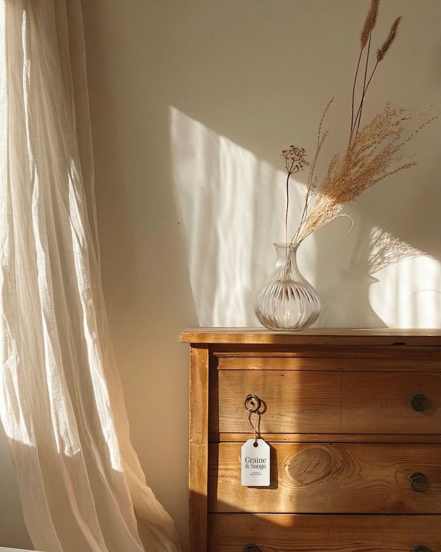 une étiquette Graine & Sauge accrochée à une commode