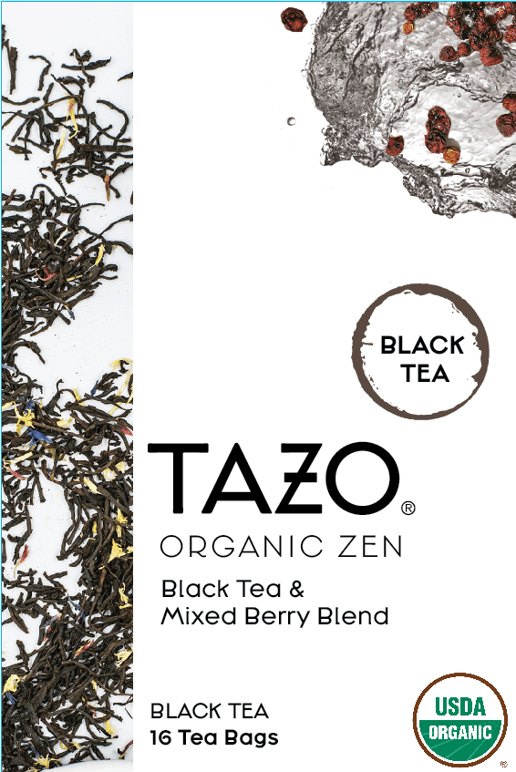 a tazo tea label inscribed with "tazo organic zen, black tea and mixed berry blend". 