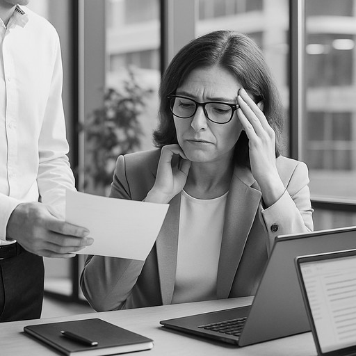 書類を手に頭を抱える女性と同僚。情報共有不足による業務の非効率を表すビジネスシーン