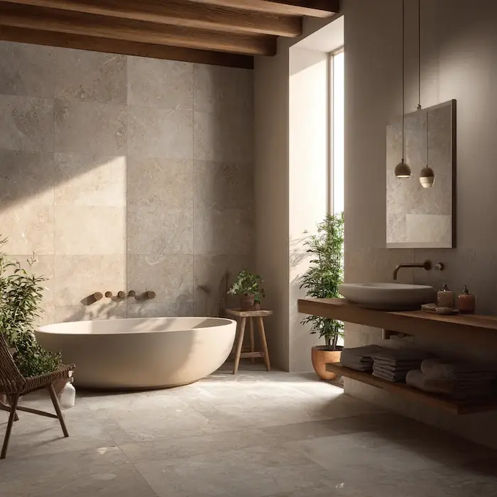 Baño reformado con porcelánico gran formato, bañera exenta y materiales naturales, diseño contemporáneo.