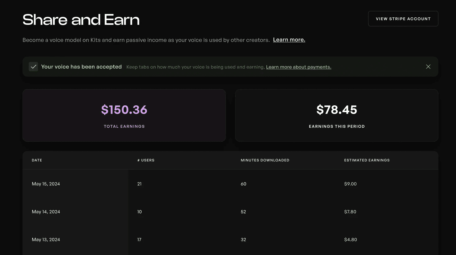 Payouts page on Kits Earn