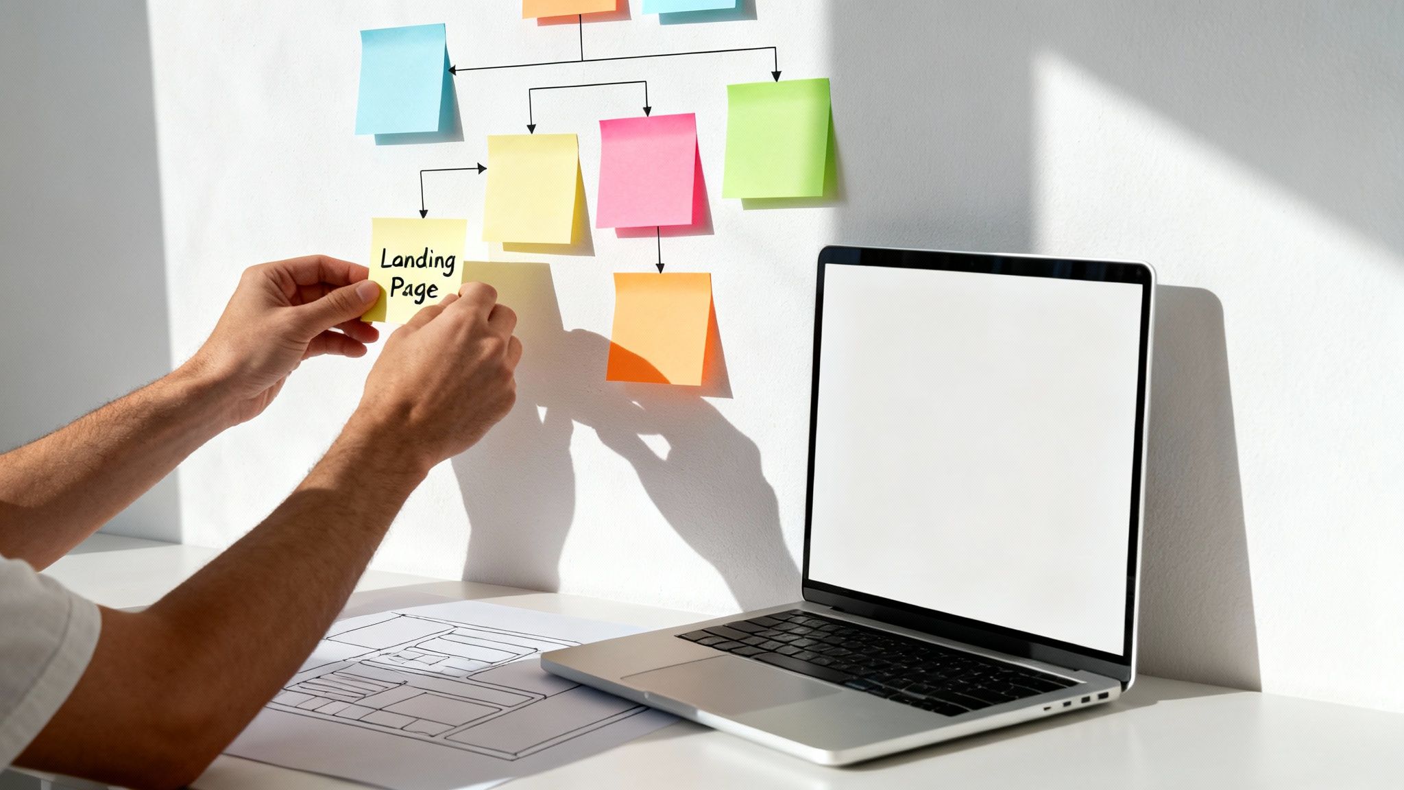 A person sketching a website sitemap on a whiteboard, showing the planning process.