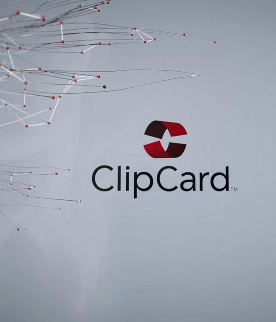 Clipcard logo with abstract network of data points and connecting lines, visually representing the complexity of big data and the need for simplified infographics and clear data visualization.