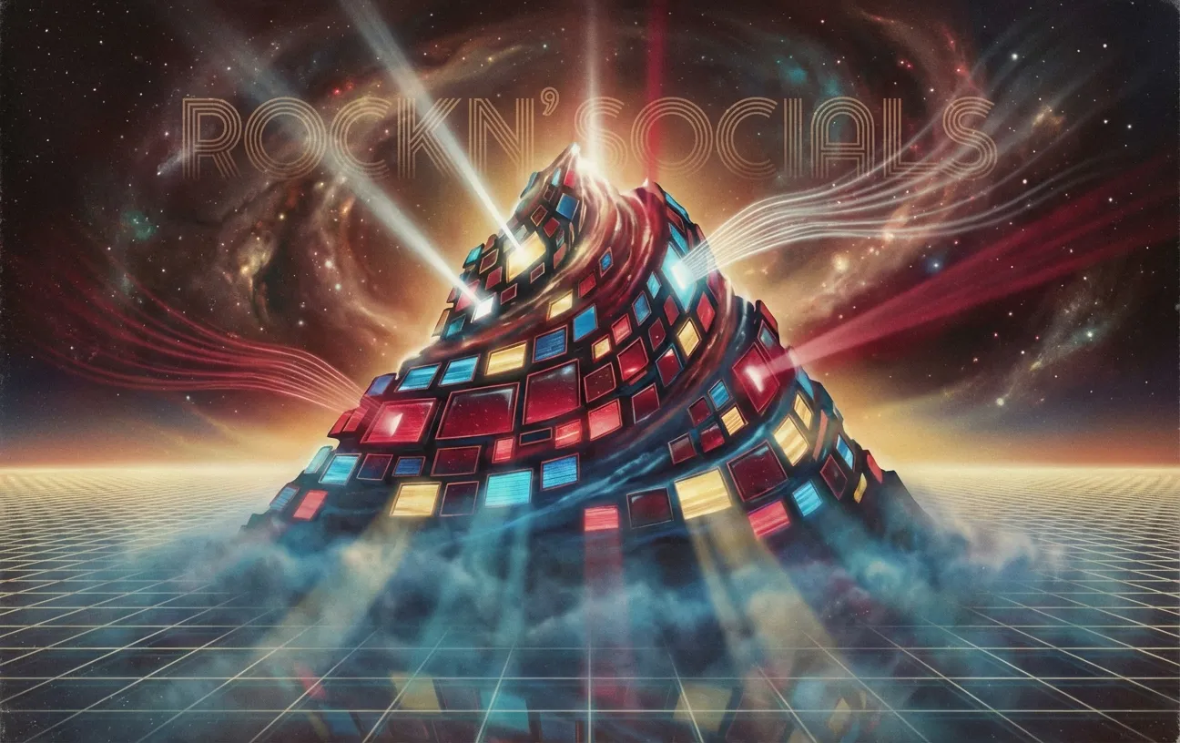 Futuristic pyramid with colorful screens, "RockN' Socials" Digital Marketing Agency.