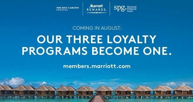 Marriott International historic loyalty program consolidation announcement "Coming in August: Our Three Loyalty Programs Become One" — merging The Ritz-Carlton Rewards, Marriott Rewards, and SPG (Starwood Preferred Guest) into a single unified program at members.marriott.com, set against an overwater bungalow resort backdrop — illustrating one of the largest loyalty program mergers in hospitality history following the Marriott-Starwood acquisition