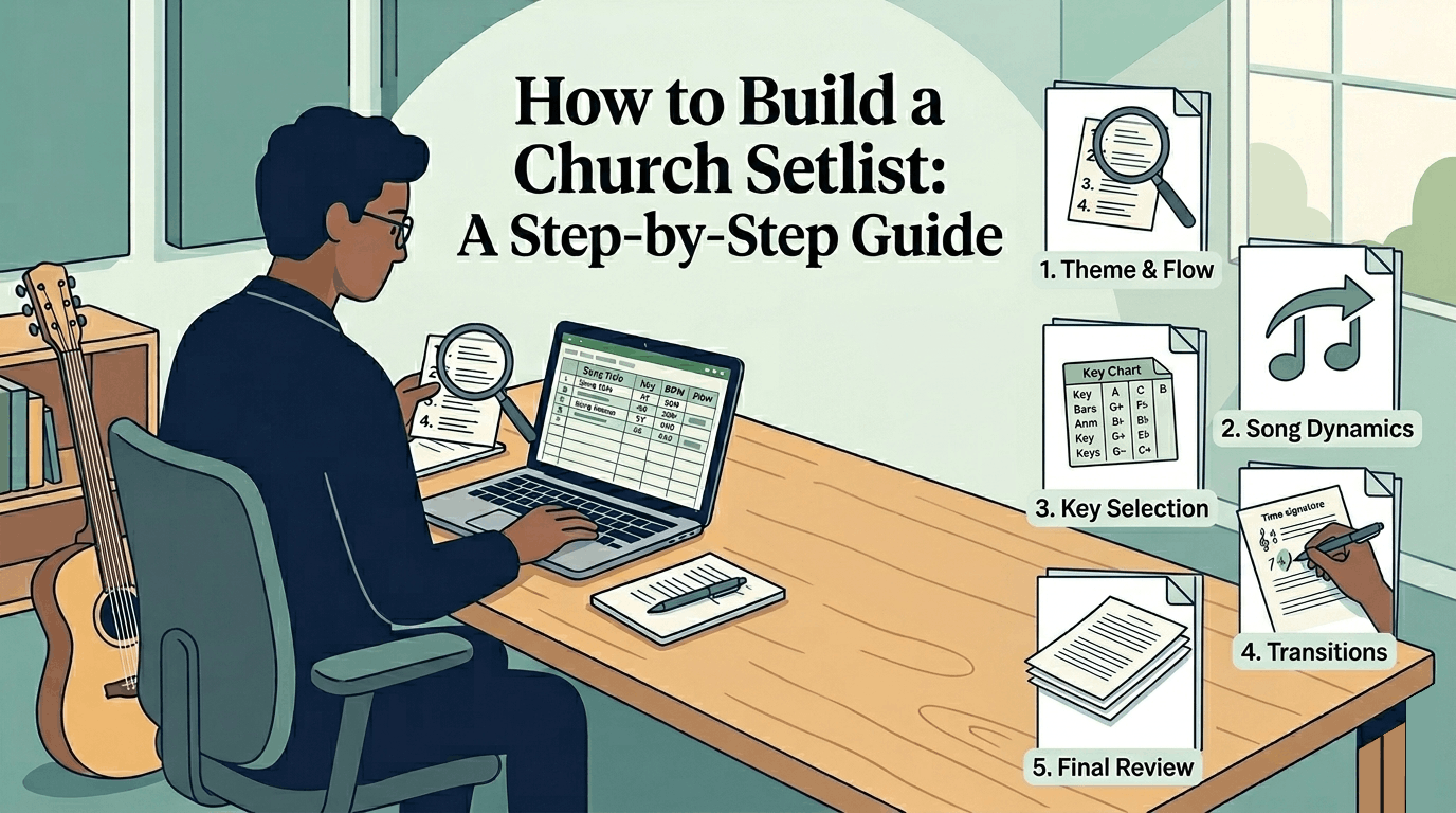 Worship leader building a church setlist on a laptop, with illustrated steps for theme, song keys, transitions, and final review.