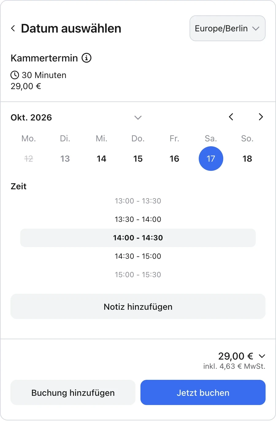 Echte anny Buchung eines Kammertermins am 17. Oktober von 14 bis 14:30 Uhr für 29 €; Terminfenster inklusive Empfang und Vorbereitung