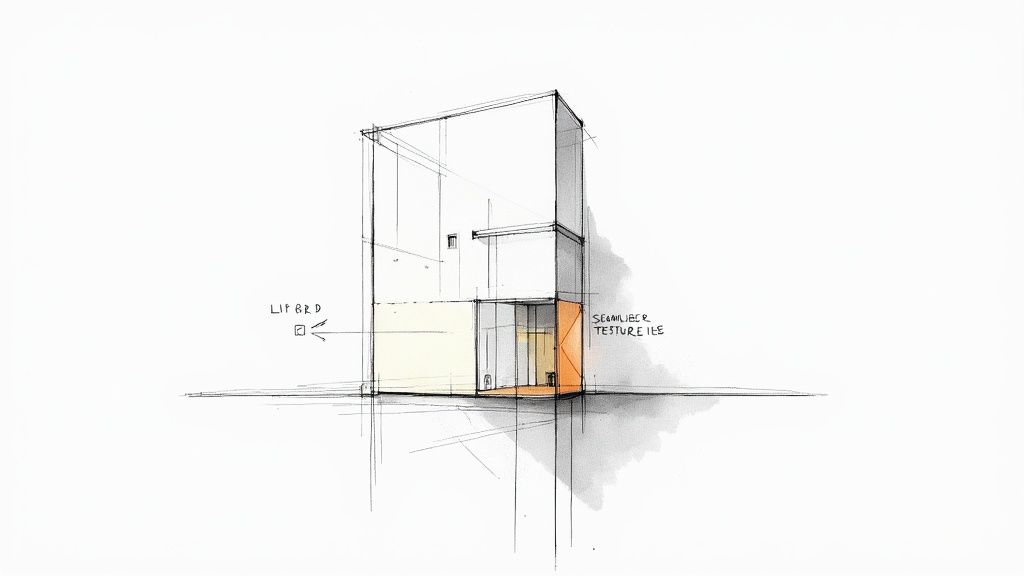 A detailed 3D architectural render of a modern kitchen, showcasing advanced lighting and realistic material textures.