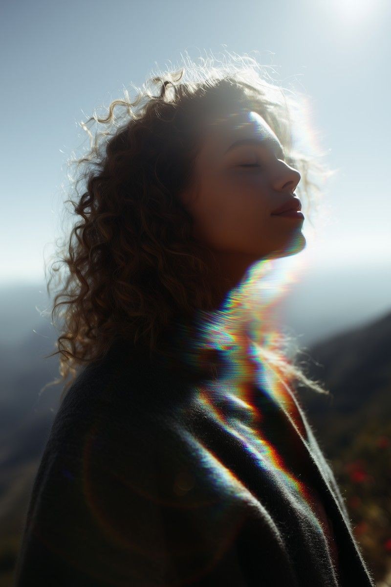 Woman's silhouette with closed eyes and vibrant rainbow light refraction.
