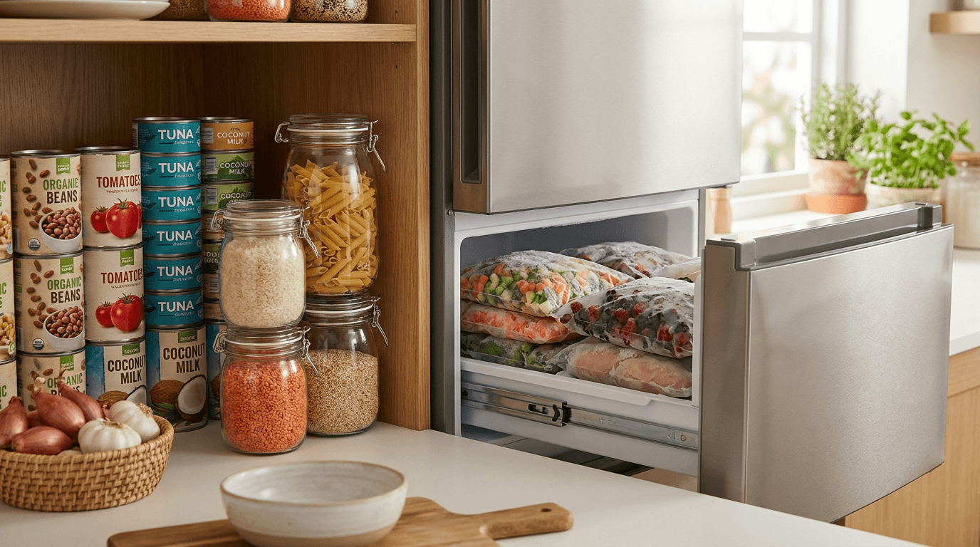 Organized pantry shelf and freezer drawer stocked with dinner ideas ingredients