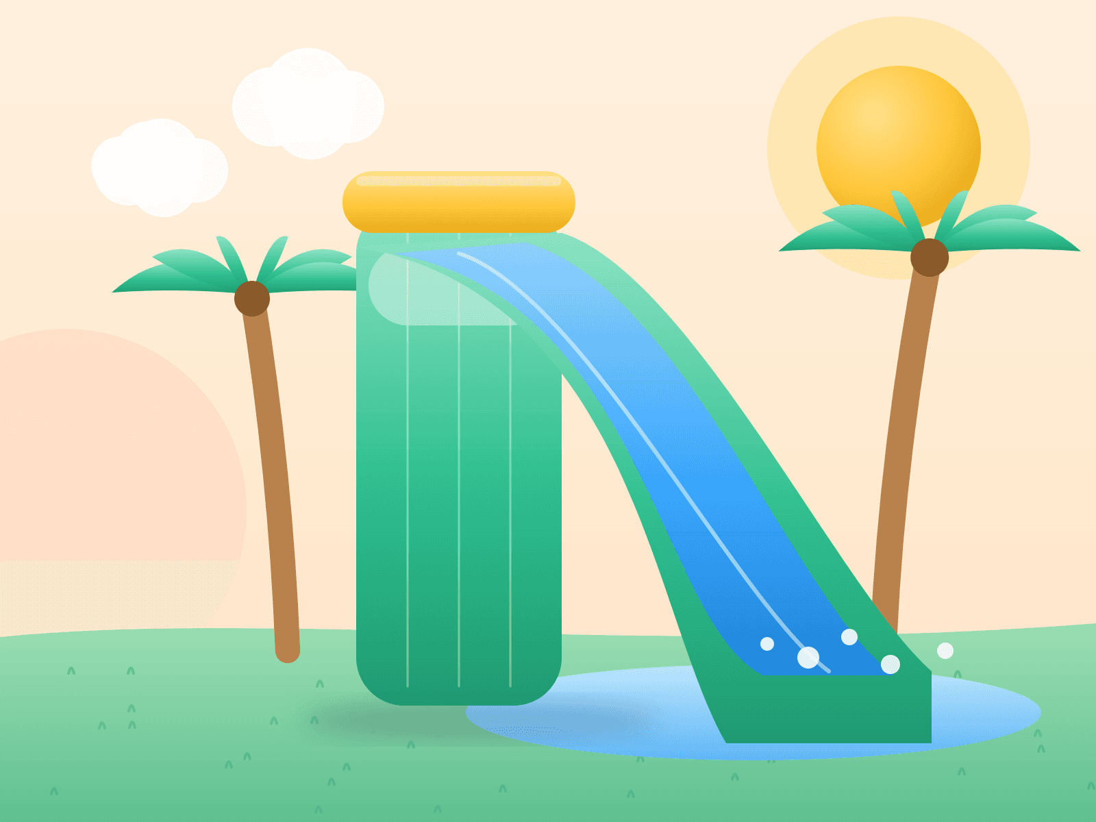 Illustration of a green inflatable water slide with palm trees and a splash pool
