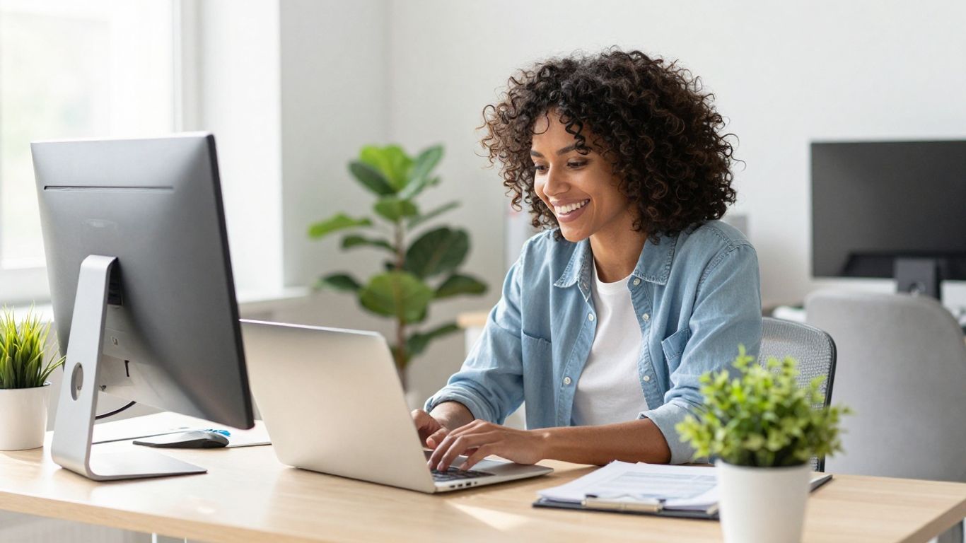 Person working on laptop in a bright, modern office.