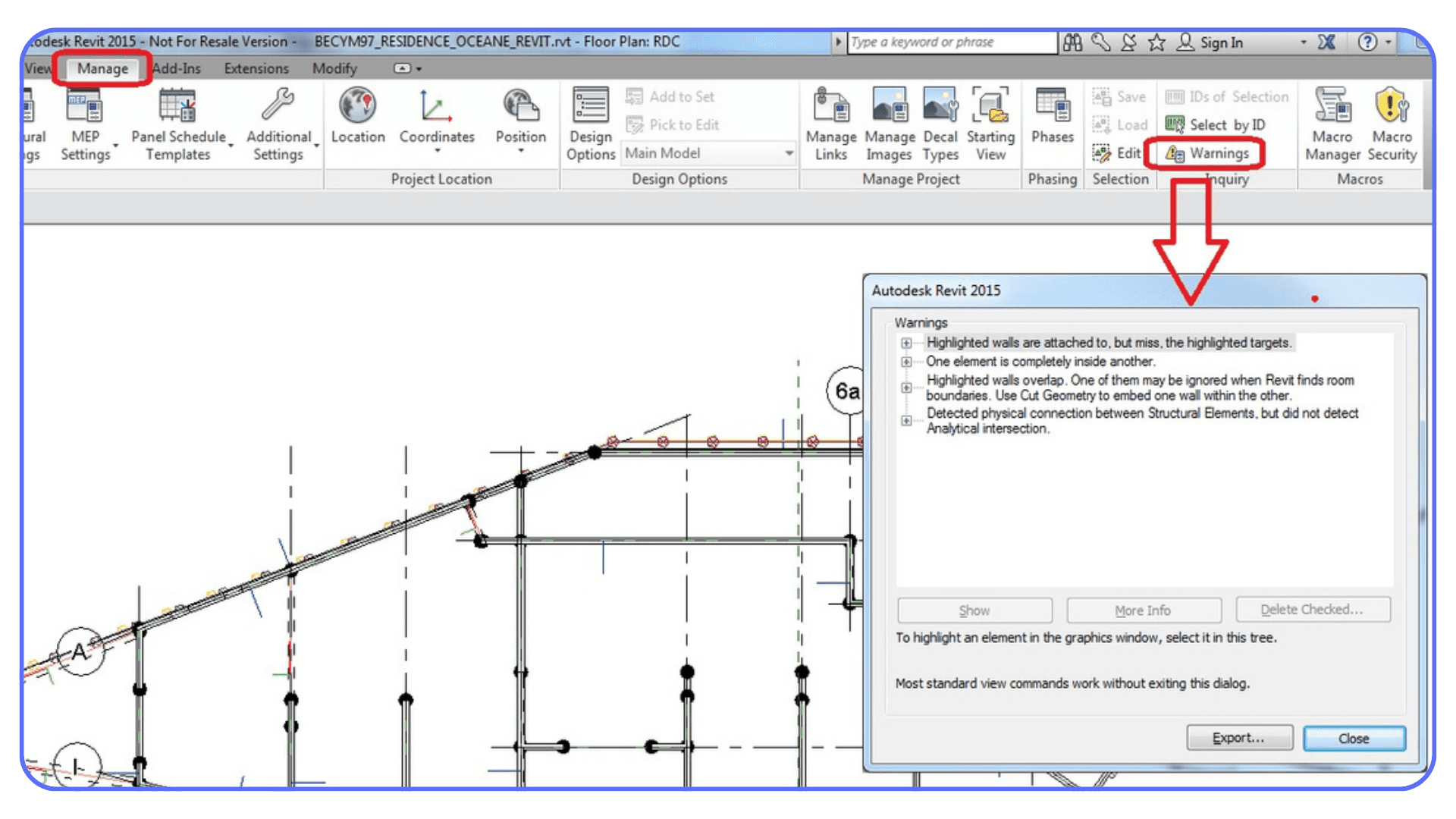 Revit warnings window highlighting model issues that can impact stability and performance
