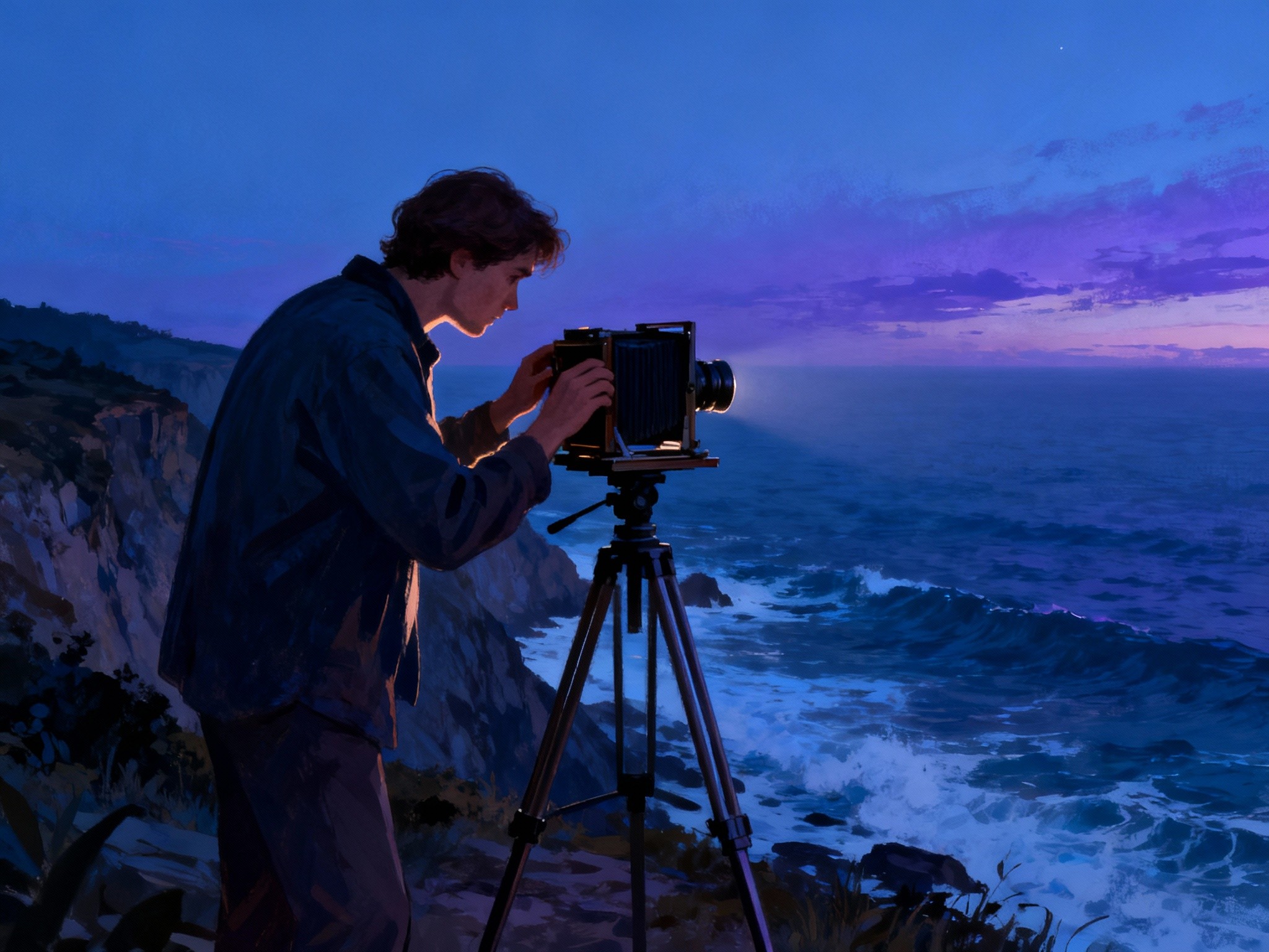 A composition depicting a serene coastal cliffside at twilight, where a photographer adjusts a large