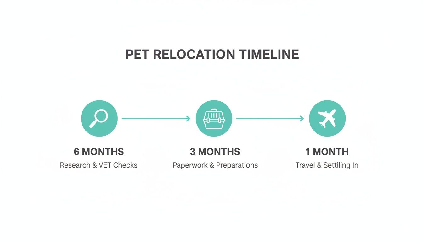 Timeline illustrating the pet relocation process with stages: 6 months research, 3 months paperwork, and 1 month travel.