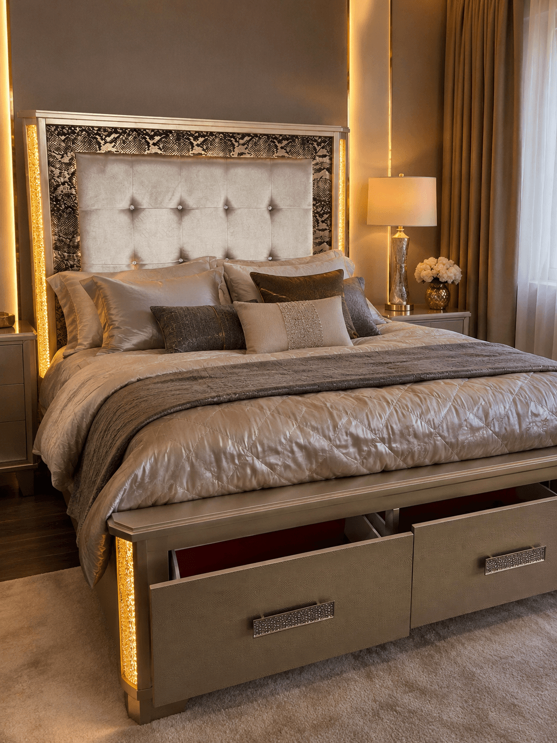 Gold accent bedroom set with upholstered headboard