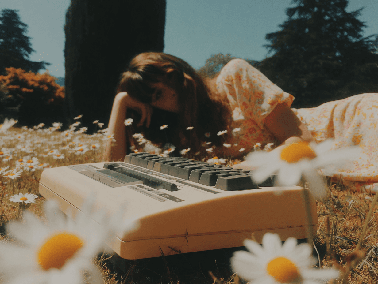 Dreamy close-up portrait of a woman lying in a field of daisies, with soft sunlight, film grain, and nostalgic summer mood