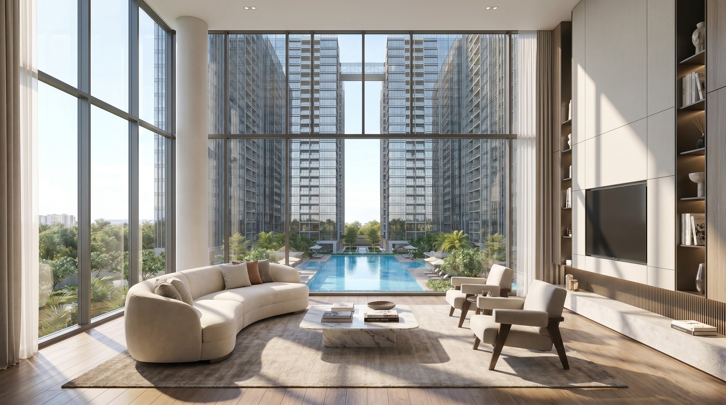 A serene outdoor seating area with two chairs, surrounded by lush greenery and a glassed-in structure.