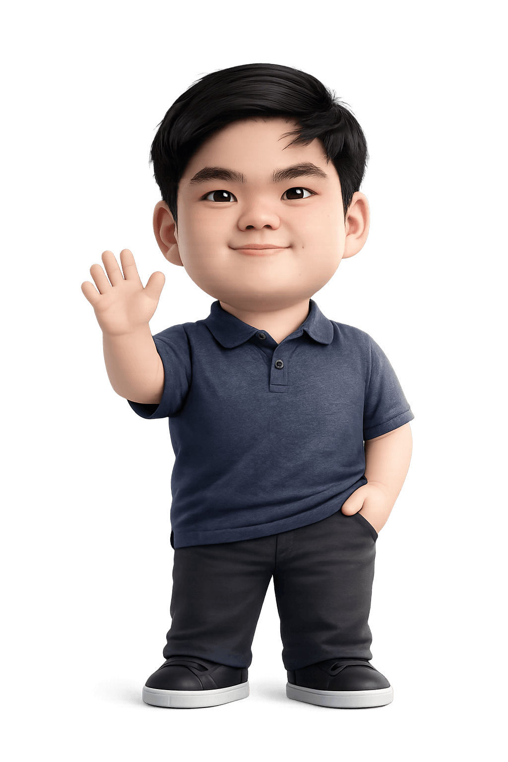 3D character wearing an orange jumpsuit and helmet, waving with a friendly expression.