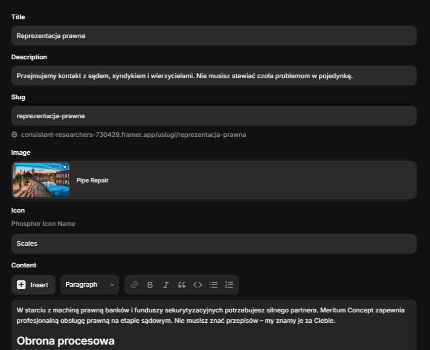 Panel zarządzania treścią CMS prezentujący edycję danych dla podstrony reprezentacja prawna. Przejrzyste pola edycji tytułu oraz opisu dla systemów zarządzania stroną www.