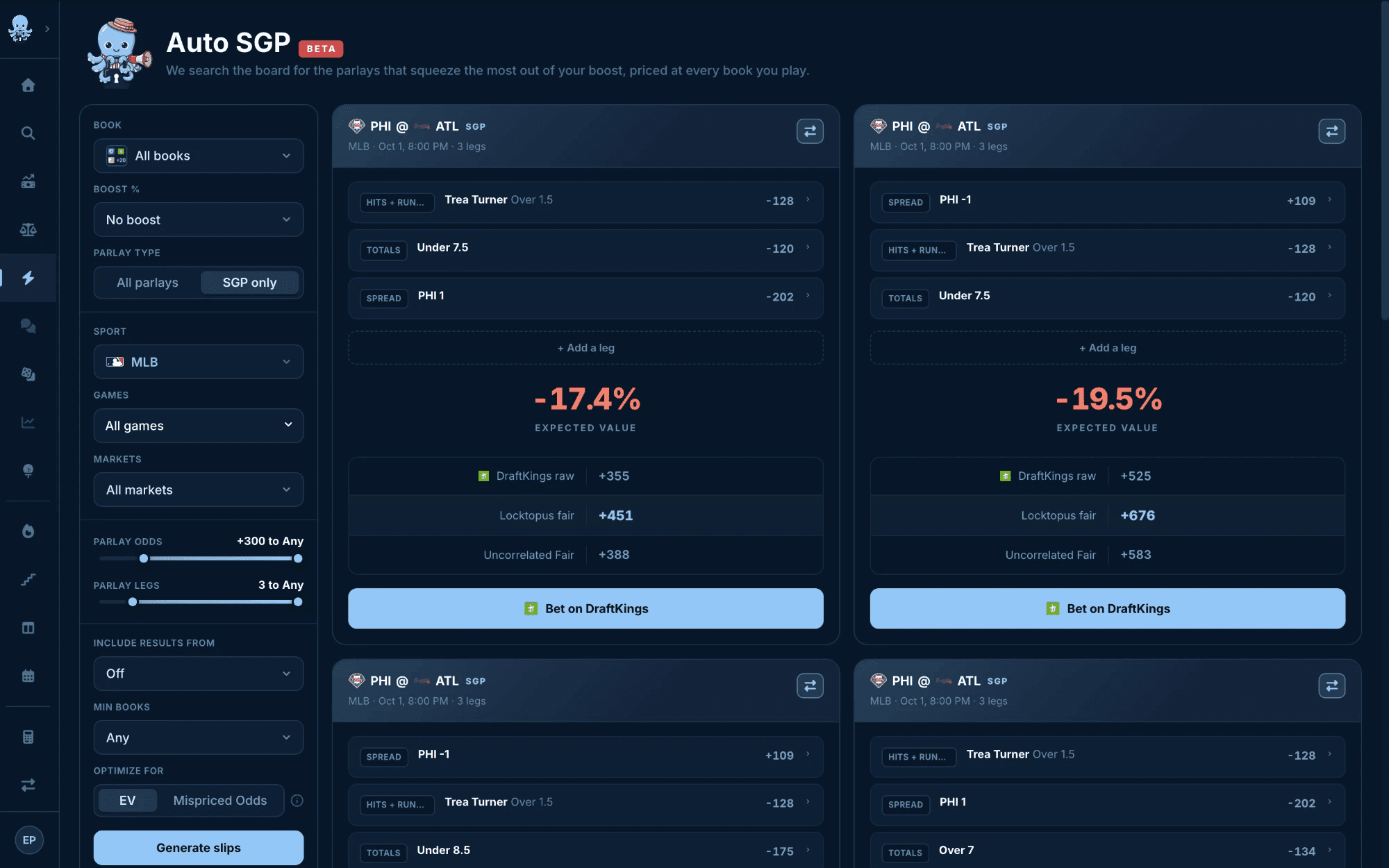 Locktopus Odds Auto SGP comparing the DraftKings same game parlay price with correlated fair odds and expected value
