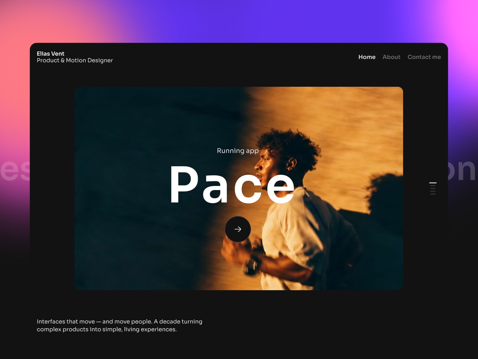 Elias Vent portfolio demo showing the featured Pace running-app project.