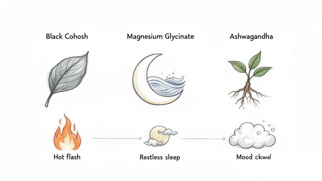 Illustrative guide showing Black Cohosh for hot flashes, Magnesium Glycinate for restless sleep, and Ashwagandha for mood cloud.