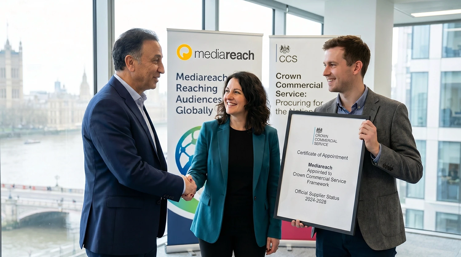 Mediareach team celebrating appointment to Crown Commercial Service framework with official supplier certificate