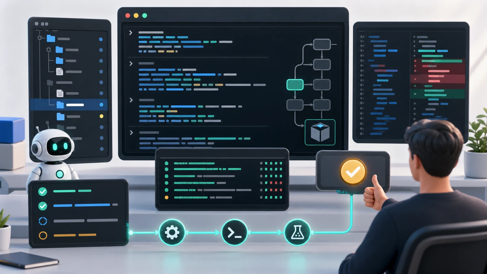 Terminal-first coding agent workflow with file context, tests, and approval checkpoint