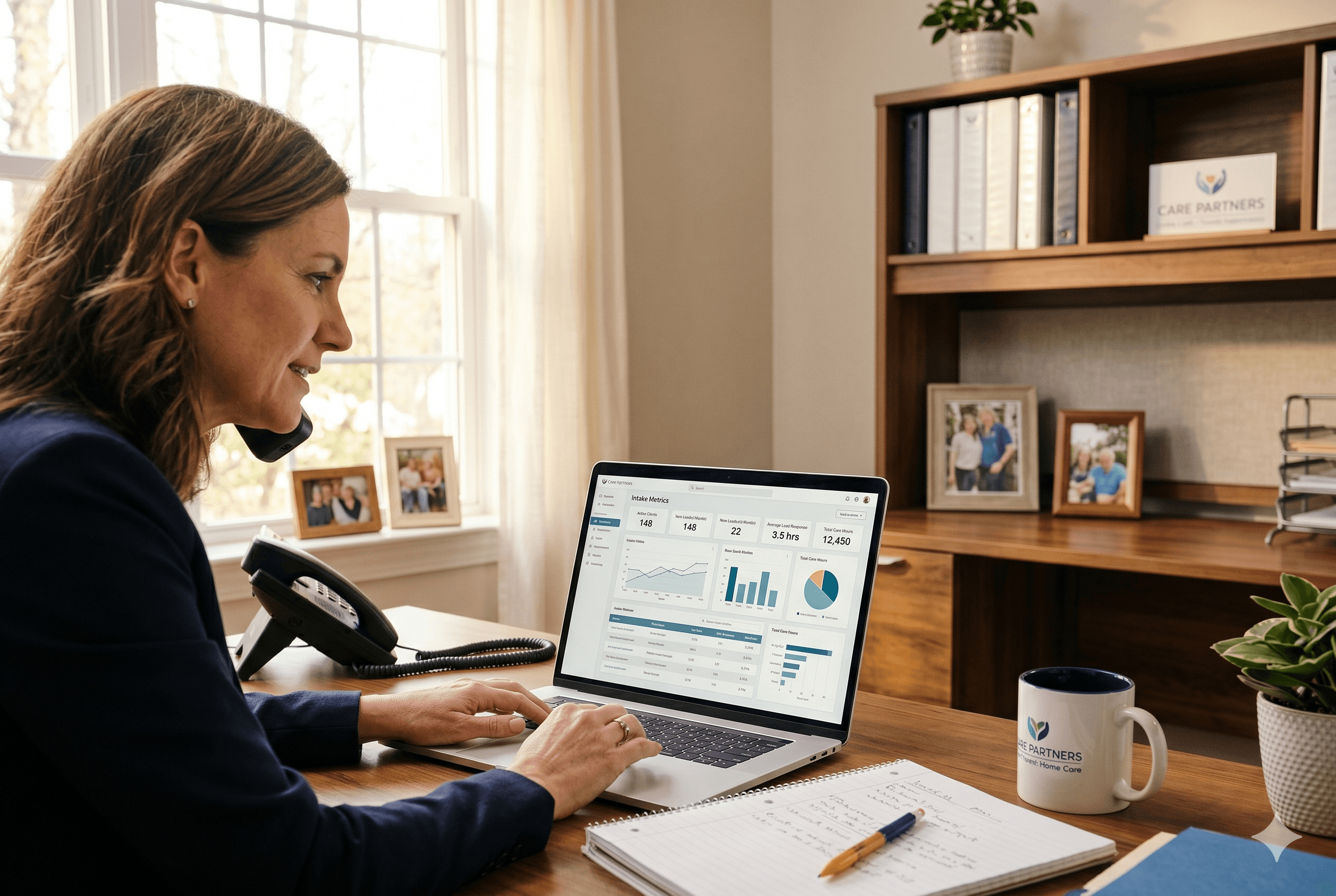 Owner operated home care agency office, one person on the phone with a family while reviewing organized intake metrics on a laptop screen, warm natural light, clean modern but modest workspace, subtle charts and numbers visible on screen, calm and focused atmosphere. Shot on Fujifilm X-T4, aspect ratio 3:2