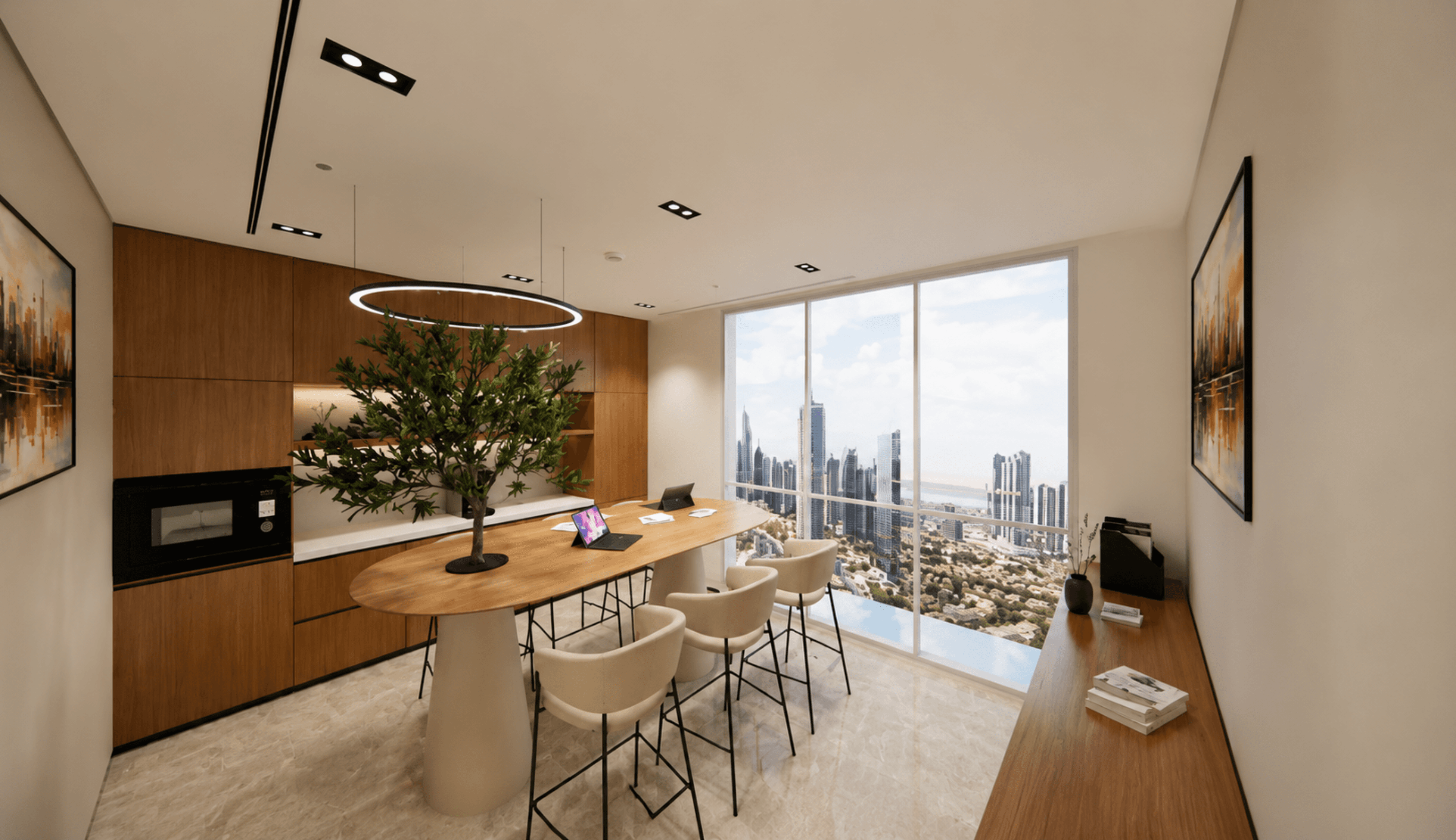 Modern executive pantry and lounge area for serviced office tenants in Dubai. 