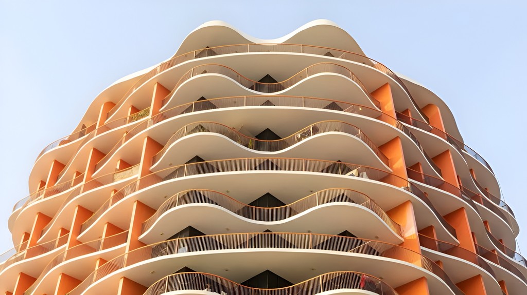 The tall Binghatti Horizons building, characterized by its curved facade, rises beside the road.