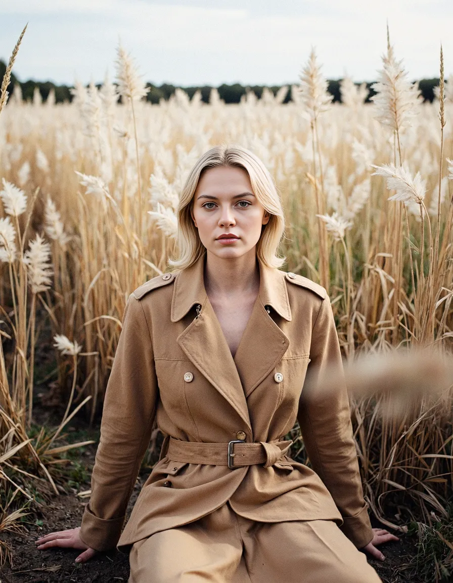 Fashion portrait featuring a classic camel trench coat against a backdrop of golden pampas grass in autumn light