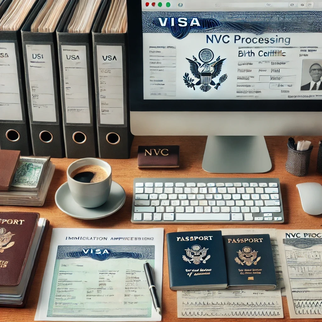 A clean desktop with immigration documents and a computer screen displaying NVC processing steps.