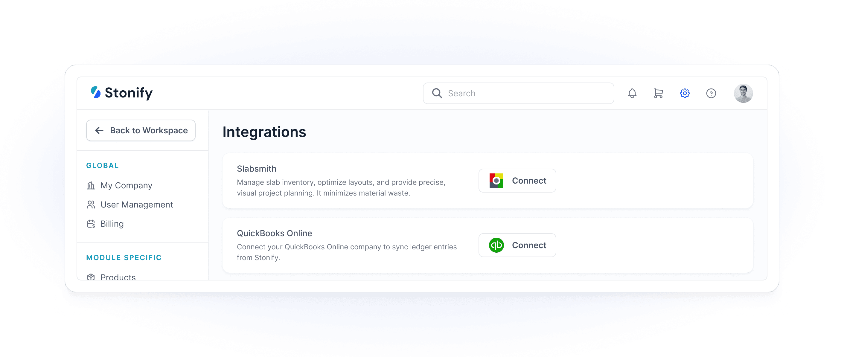 Stonify integrations settings screen showing direct connections for Slabsmith and QuickBooks Online